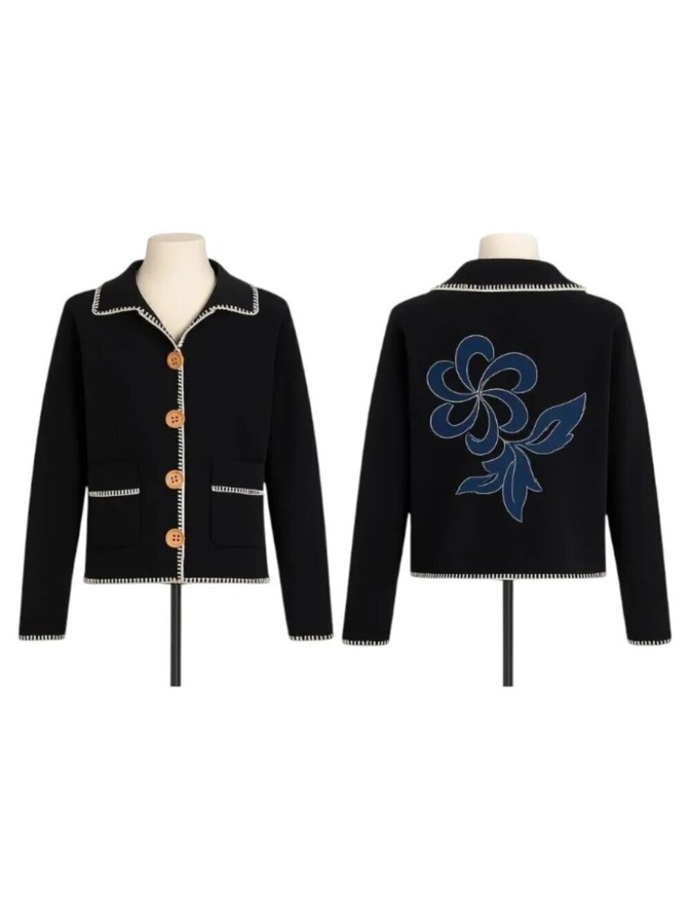 NWT Another Girl Cardigan M Black Organic Cotton Floral Back Embroidery